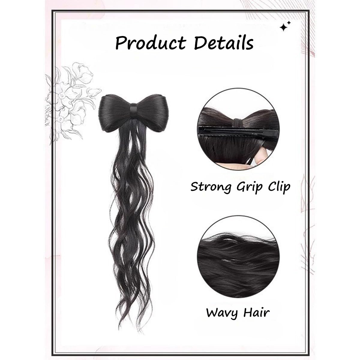 S.A.V.I Clip-On Bow Hair Extension for Women & Girls | Natural Black Long Wavy Synthetic Ponytail with Strong Grip Clip | Korean Style Hair Accessory for Daily, Parties & Fashion Styling