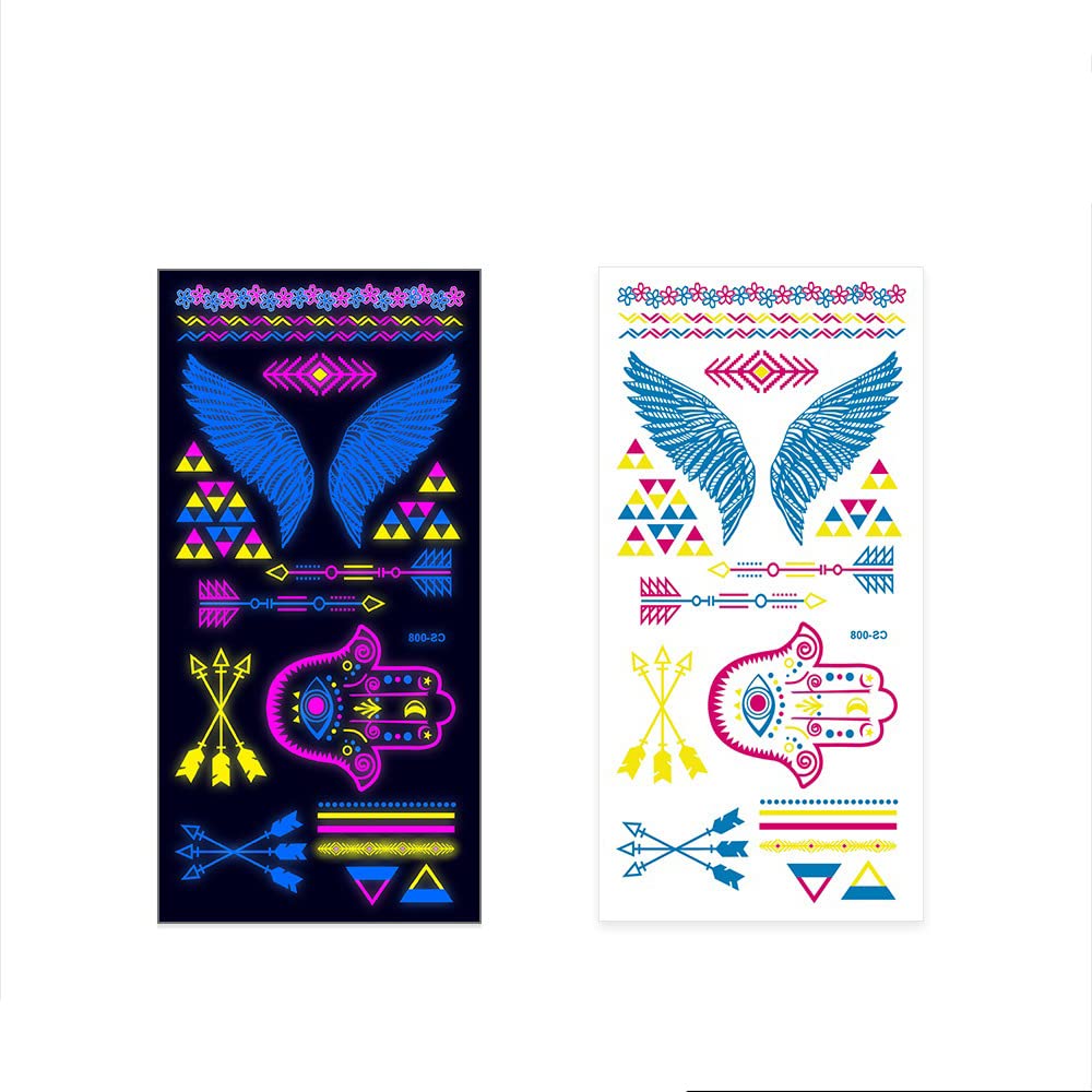 S.A.V.I Neon Temporary Tattoos, Glow UV Neon Body Face Skin Tattoo, Wings, Arrows, Evil Protection Tattoos Flash Fake Waterproof Tattoo Stickers for Women Men Girls Body Art, Size- 21x10.5CM
