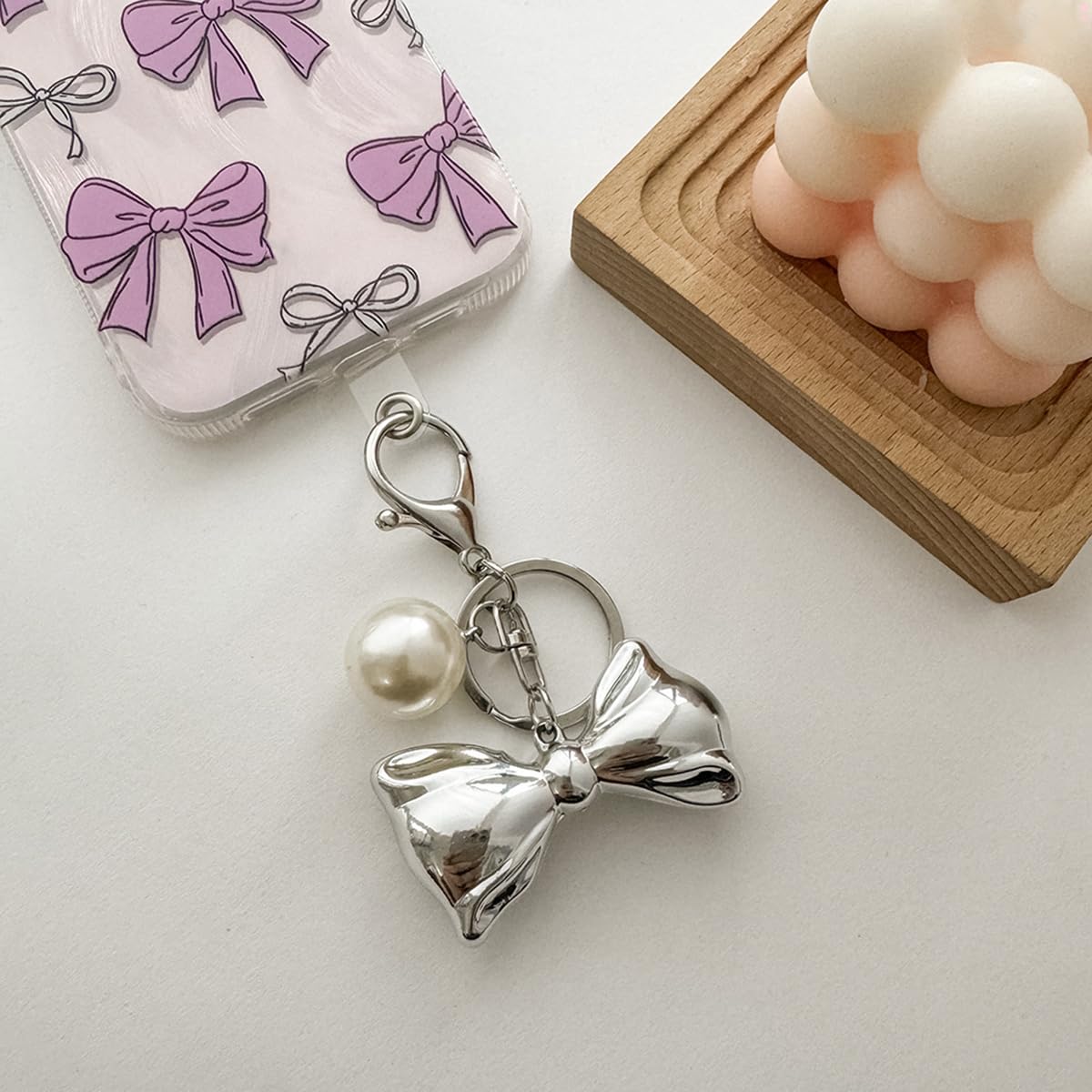 S.A.V.I Pearl Bow Keychain for Women, Silver Alloy Bag Charm Key Ring, Elegant handbag accessory with lobster clasp, lightweight decorative pendant for purses, backpacks, car keys & gifting