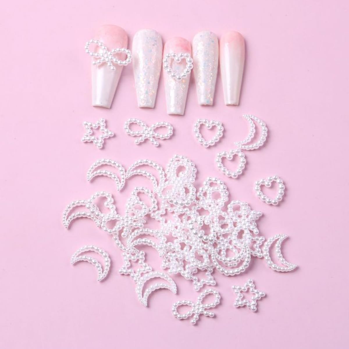S.A.V.I White Pearl 3D Flat-Back Nail Art Charms Set – Star, Moon, Heart & Bow Shapes, Resin Pearl Design with 7-Section Round Storage Box for DIY Nail Decoration