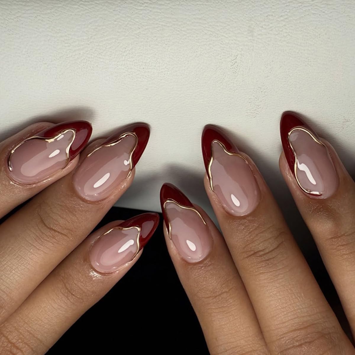 S.A.V.I 24 Pcs Reusable Press On Nails for Women, Long Almond Nude Pink with Wine Red Tips, 3D Gold Chrome Design, Glossy Acrylic False Nails Set, with Nail Glue & Adhesive Tabs