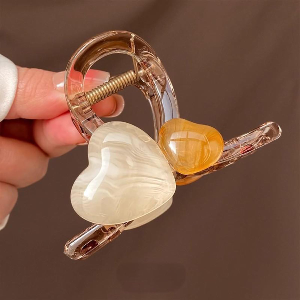 S.A.V.I Heart Design Hair Claw Clip for Women & Girls | White & Brown Marble Look Acrylic Clutcher | 8cm Strong Grip Stylish Hair Accessory for Daily & Party