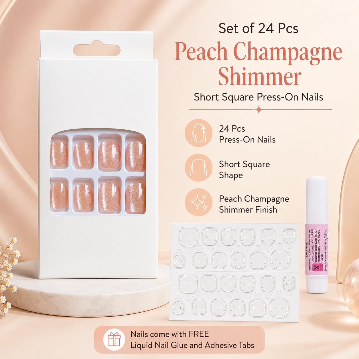 S.A.V.I Press on Nails Short Square Peach Champagne Shimmer 24 Pcs