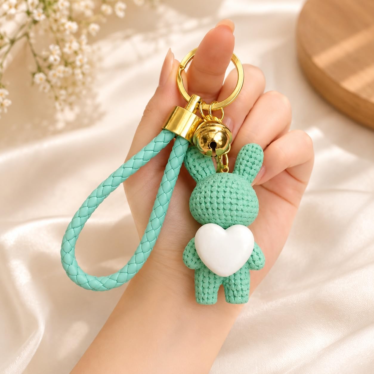 S.A.V.I Resin Bunny Keychain Rabbit Bag Charm Mint Green & Gold | 7 cm Heart Pendant, with Wrist Strap, for Handbags & Backpacks, Gold Finish, for Women