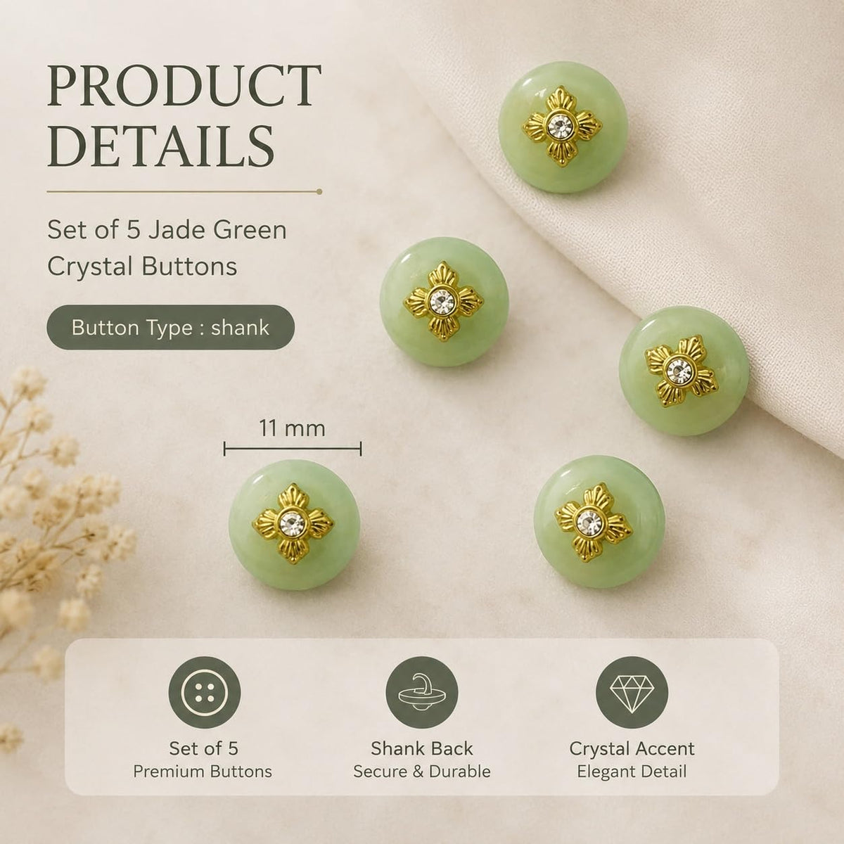 S.A.V.I Crystal Shank Buttons Jade Green 11mm Round Set of 5 | for Blouse & Kurti, Saree & Cardigan, DIY Sewing Crafts, Decorative Embellishments, Women's Buttons