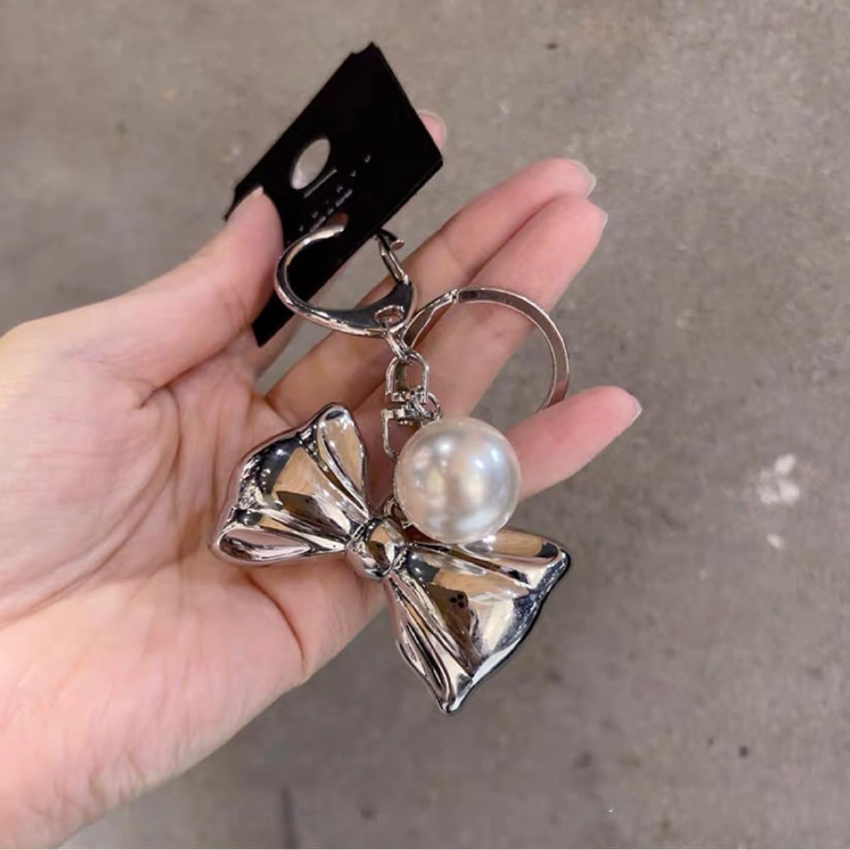 S.A.V.I Pearl Bow Keychain for Women, Silver Alloy Bag Charm Key Ring, Elegant handbag accessory with lobster clasp, lightweight decorative pendant for purses, backpacks, car keys & gifting