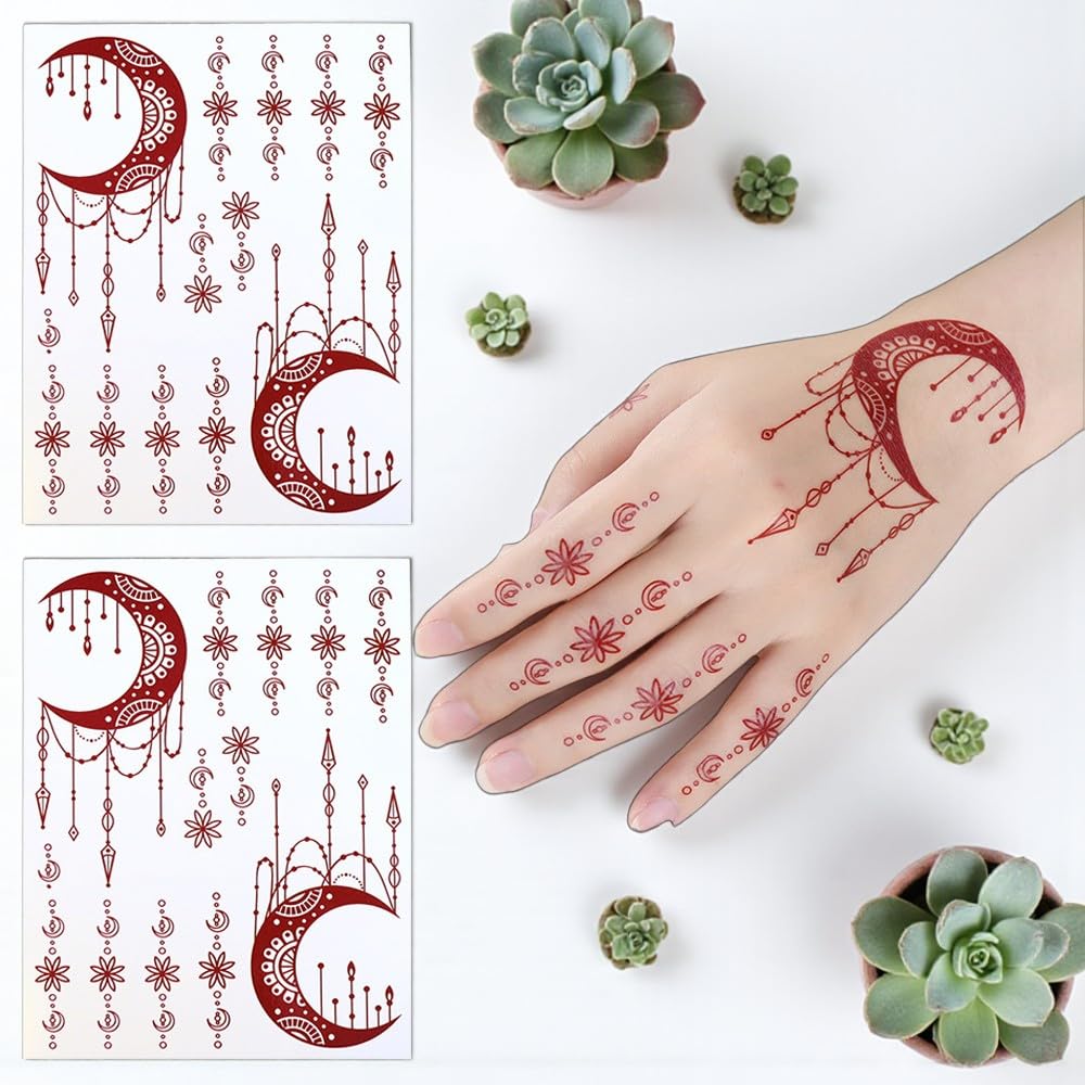 S.A.V.I 2Pcs Natural Islamic Henna Mehndi Temporary Tattoo Stickers for Women – Crescent Moon, Mosque & Mandala Design, Waterproof Skin-Safe Transfer Body Art for Eid, Nikah & Festivals (#57)