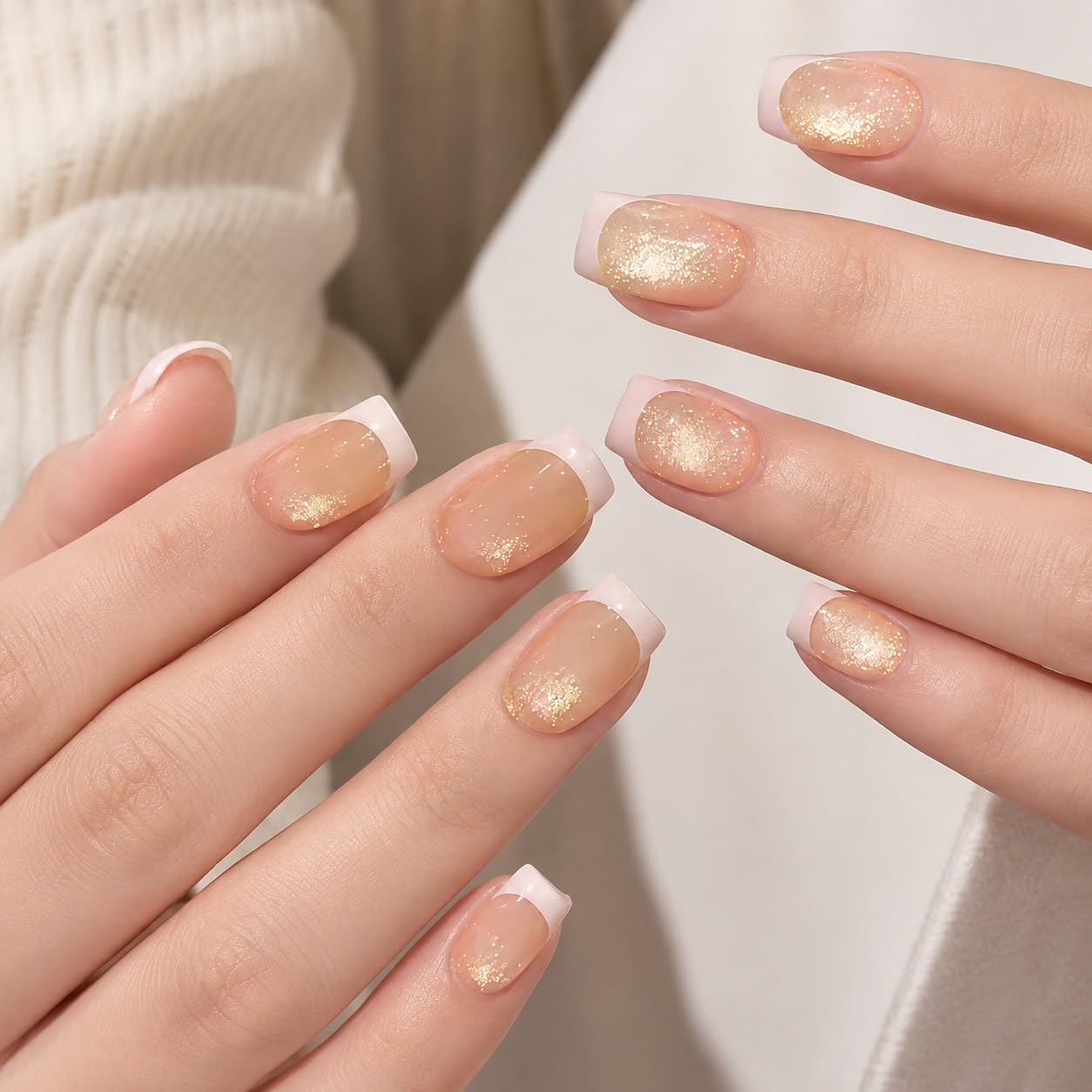 S.A.V.I Press on Nails Short Squoval Peachy Nude Shimmer 24 Pcs