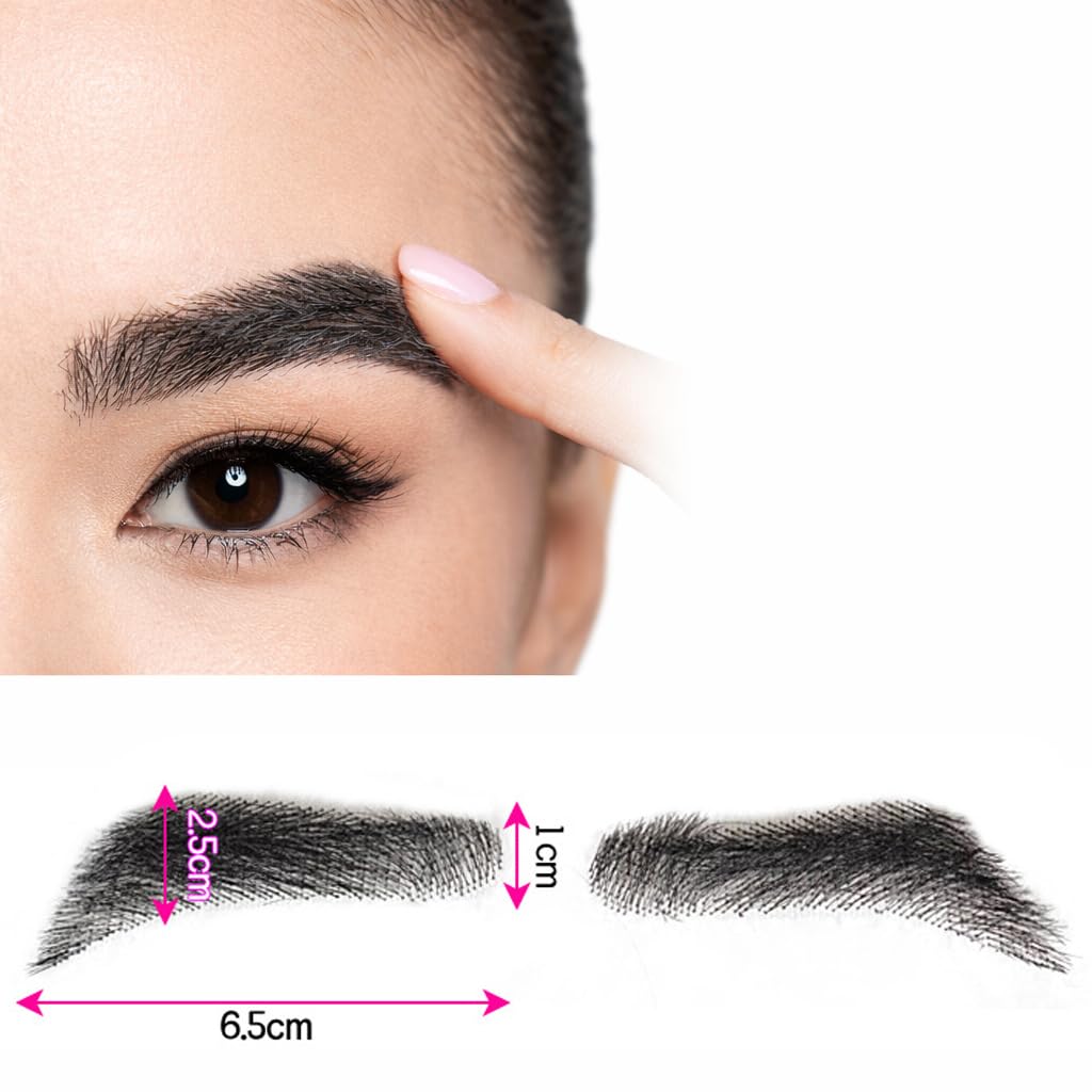 S.A.V.I Sword-Shaped Glue-On Eyebrows for Women, Natural Black, 7 cm Hand-Tied Real Human Hair, Breathable Mesh Base, Reusable Fake Brows with Adhesive for Makeup, Hair Loss and Alopecia