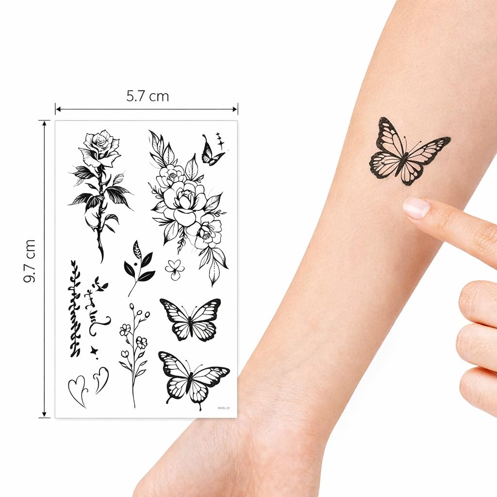 S.A.V.I 30 Sheets Black Floral & Butterfly Temporary Tattoos for Women & Girls | Small Rose, Heart, Moon Body Art Stickers | Waterproof, Non-Toxic, Easy Apply (5.7 x 9.7 cm) (#320)