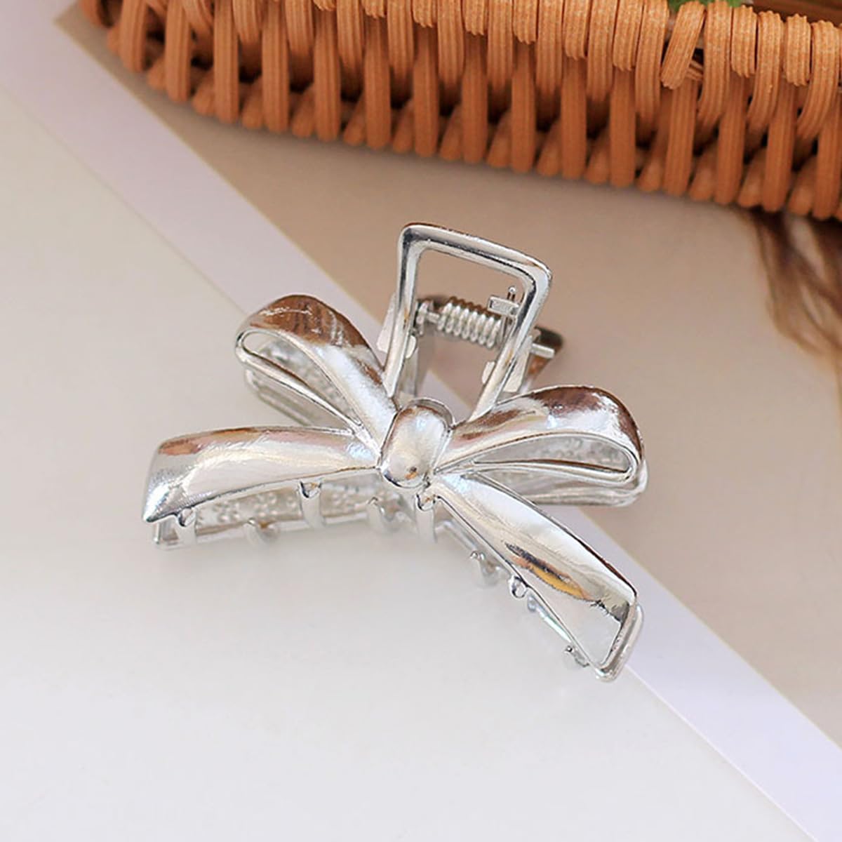 S.A.V.I Silver Metal Bow Hair Claw Clip for Women & Girls (6 cm) | Strong Grip Mini Clutcher, Elegant Ribbon Design Hair Accessory for Daily, Office & Party Styling