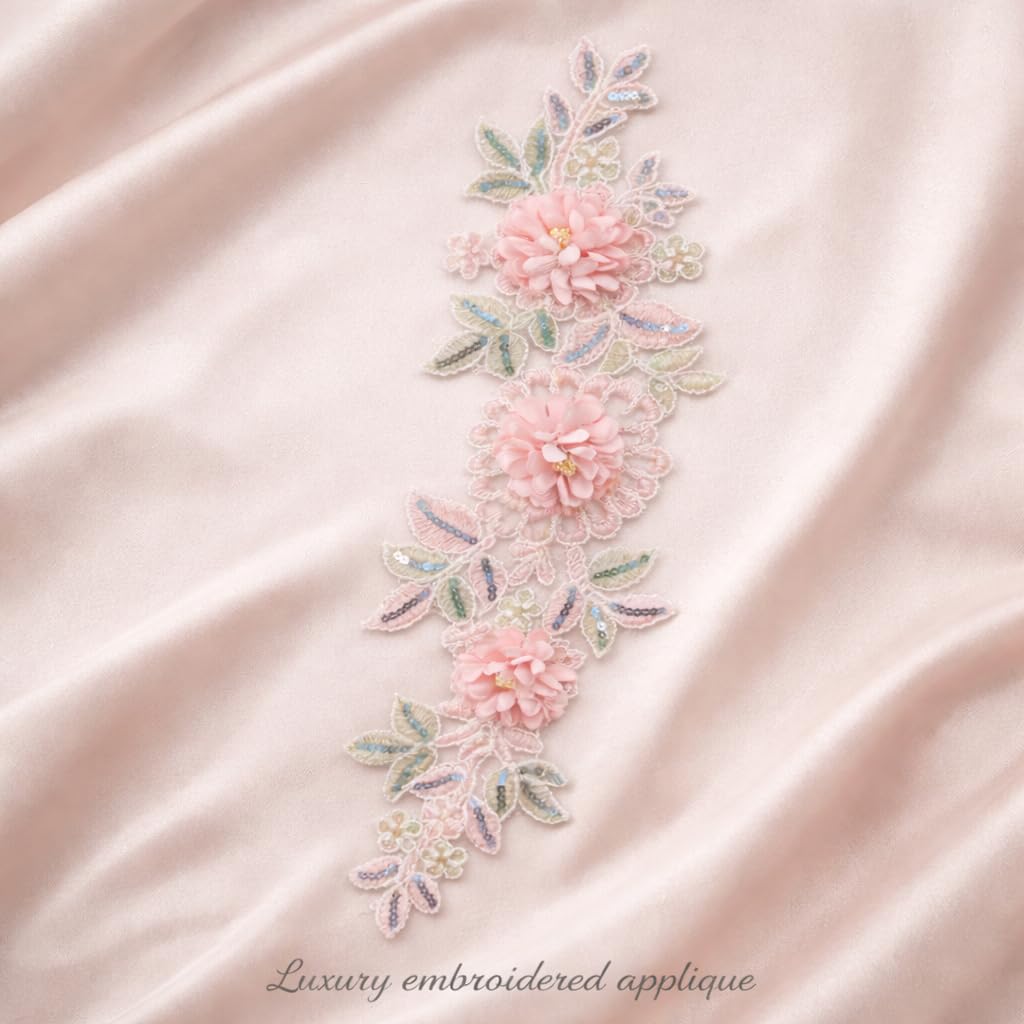 S.A.V.I Blush Pink Floral Embroidered Sew-On Appliqué Patch 11 x 35 cm | 3D Flower Sequin Net Fabric Motif for Saree Gown Kurti Blouse Decoration