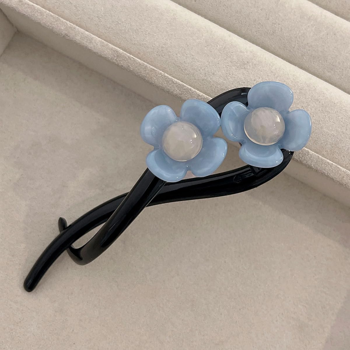 S.A.V.I Light Blue Flower Hair Clip for Women & Girls | Stylish Acrylic Floral Design | 11cm Long Black U-Shape Hairpin Strong Grip for Party Casual Daily Hairstyles