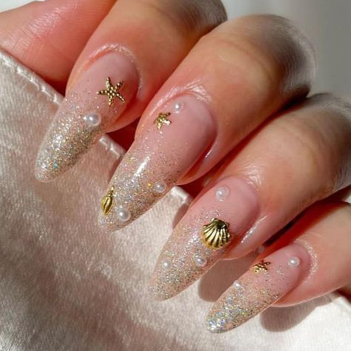 S.A.V.I 3D Beach Theme Nail Art Kit | Gold Metal Seashell, Starfish & Seahorse Charms with Pearls and Rhinestones | Multi Size Flat Back | 12 Grid Storage Box