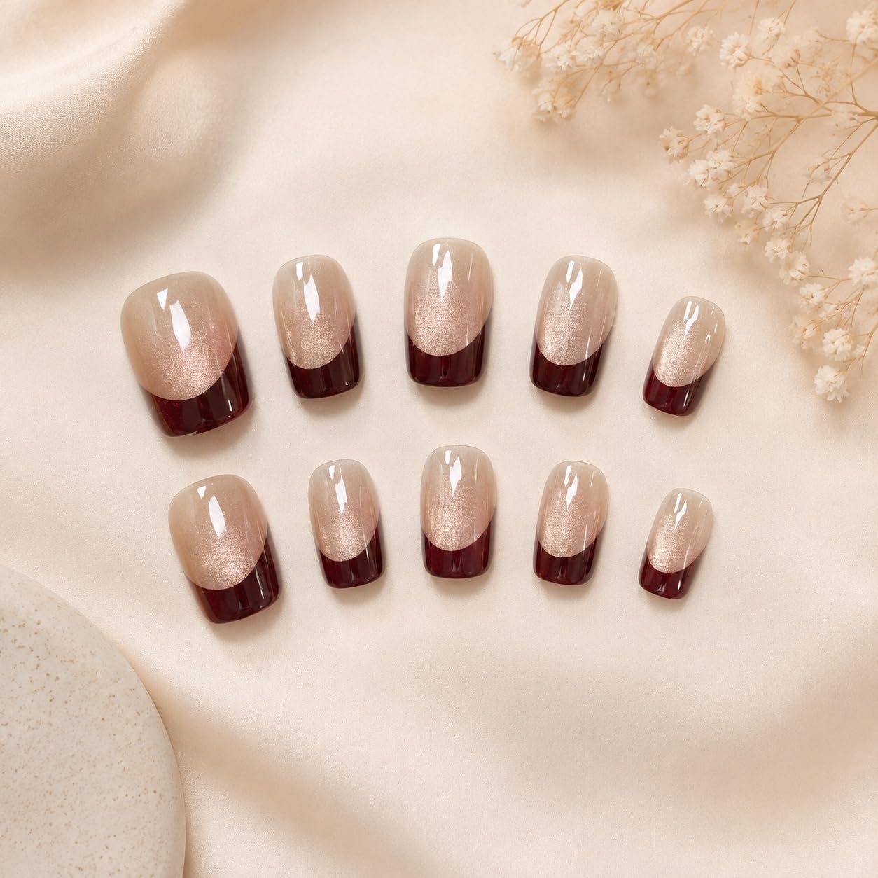 S.A.V.I Press on Nails Dark Wine Cat Eye French Tip, 30 Pcs