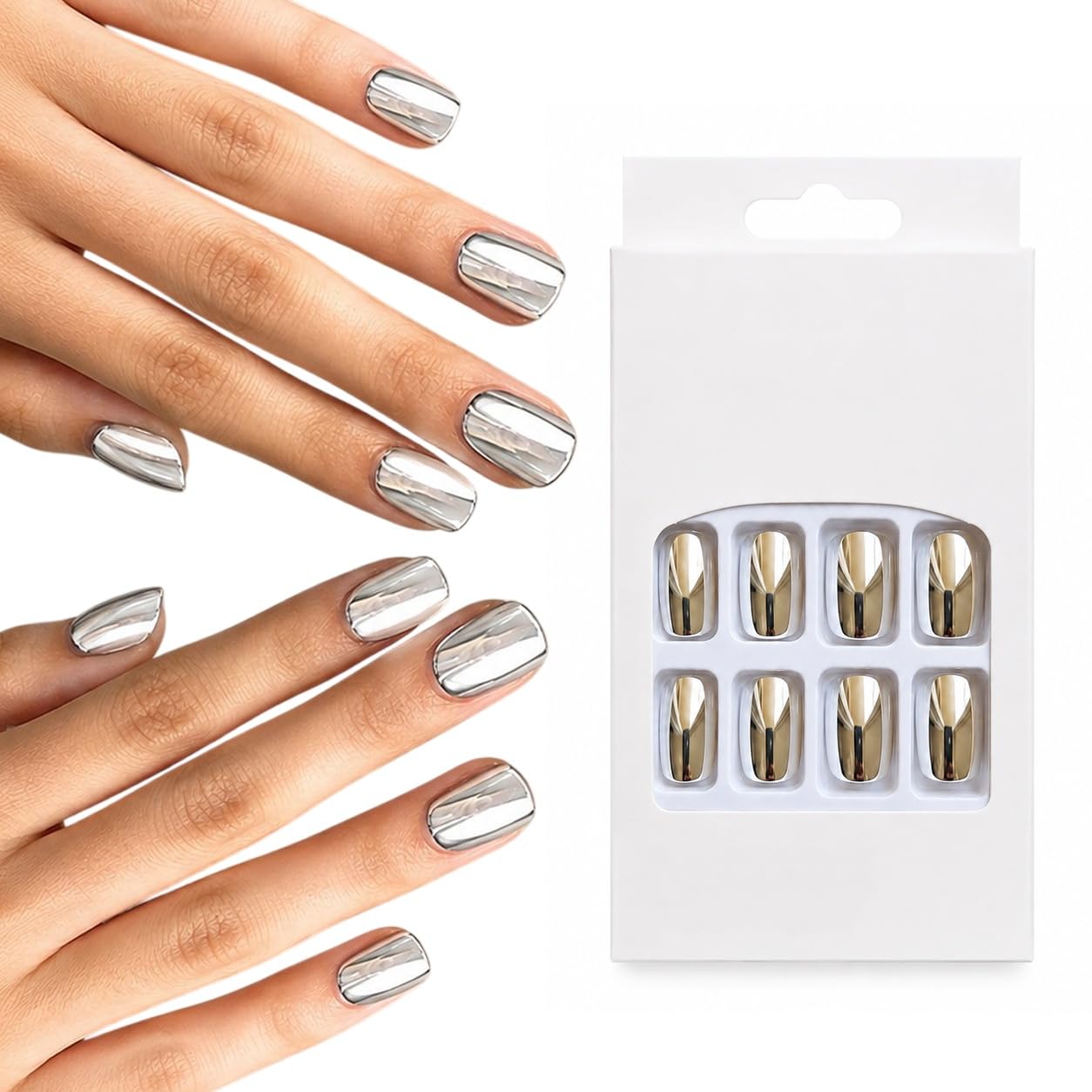 S.A.V.I Press on Nails Short Square Mirror Chrome Silver 24 Pcs