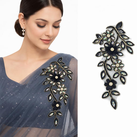 S.A.V.I Black & Gold Floral Crystal Embroidered Sew-On Appliqué Patch, Net Fabric Zardozi Style Motif for Saree Blouse Gown Kurti Decoration, 14 x 27 cm