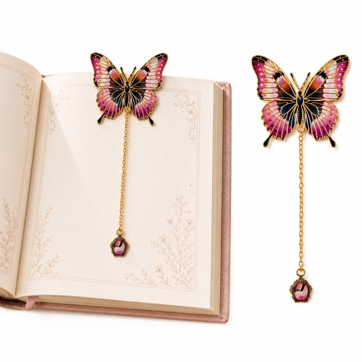S.A.V.I Butterfly Metal Bookmark Pink & Gold Enamel, 5x14 cm | Colorful Enamel Finish, Gold Chain Tassel, Creative Design, For Women & Students, Reading Accessory