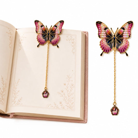 S.A.V.I Butterfly Metal Bookmark Pink & Gold Enamel, 5x14 cm | Colorful Enamel Finish, Gold Chain Tassel, Creative Design, For Women & Students, Reading Accessory