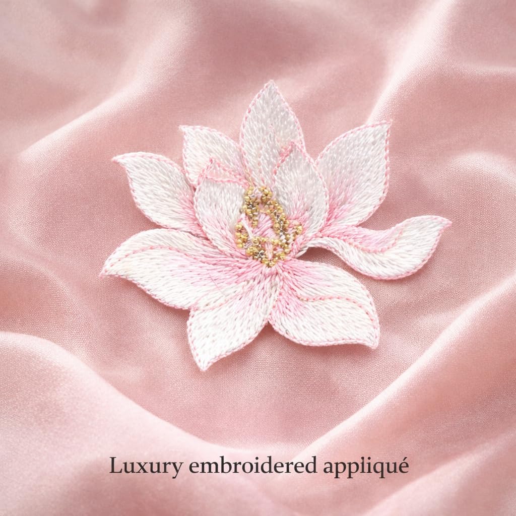 S.A.V.I Pink Lotus Flower Iron-On Embroidered Appliqué Patch 8.7 x 6.9 cm | Premium Fabric Floral Motif for Dresses, Kurtis, Sarees, Blouses & DIY Garment Decoration (Pink)