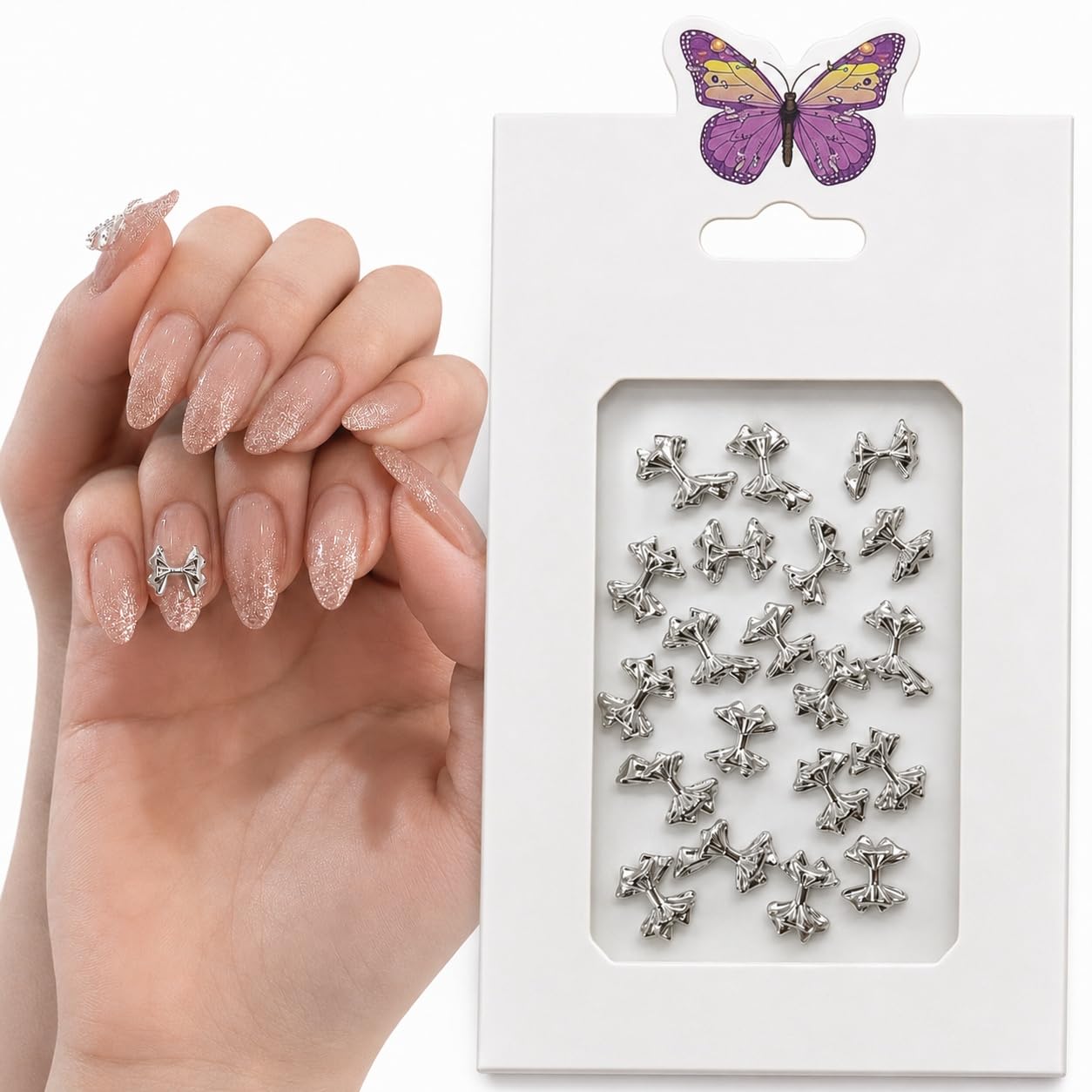 S.A.V.I Silver Alloy Bow Charms for DIY Nail Art, 20 Pcs | 3D Manicure Embellishments, Glossy Finish, Acrylic, Gel & Press-On, Easy to Apply, Women & Girls