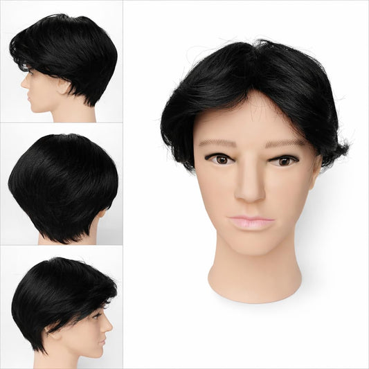 S.A.V.I Black Mid Part Men’s Wig – 100% Human Hair Patch, Natural Straight Layered Cut with Realistic Scalp, Lightweight Breathable Cap, Undetectable Toupee for Men