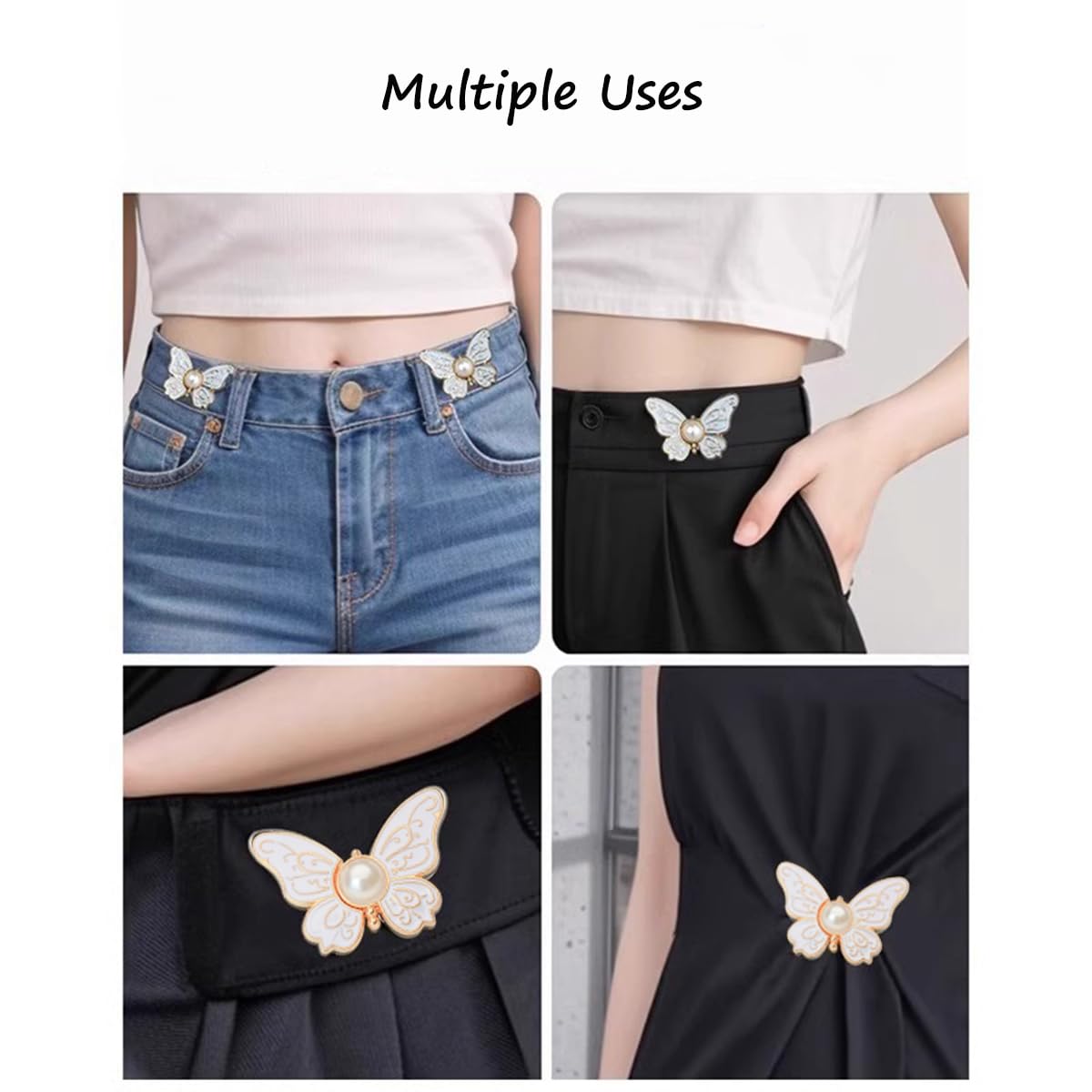 S.A.V.I 2 Pcs Butterfly Pant Waist Tightener Clip, No Sew Adjustable Button for Loose Jeans Dresses Skirts, White Pearl Metal Waist Buckle, Lightweight Perfect Fit (3cm x 2.5cm)