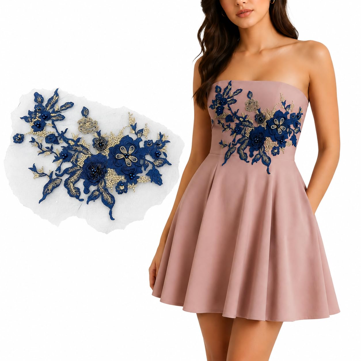 S.A.V.I Floral Embroidery Patch Sew-On Applique Navy Blue 36 x 25 cm|Gold Beaded Lace Motif for DIY Blouse, Gown, Sweater, Kurti & Costume Customization