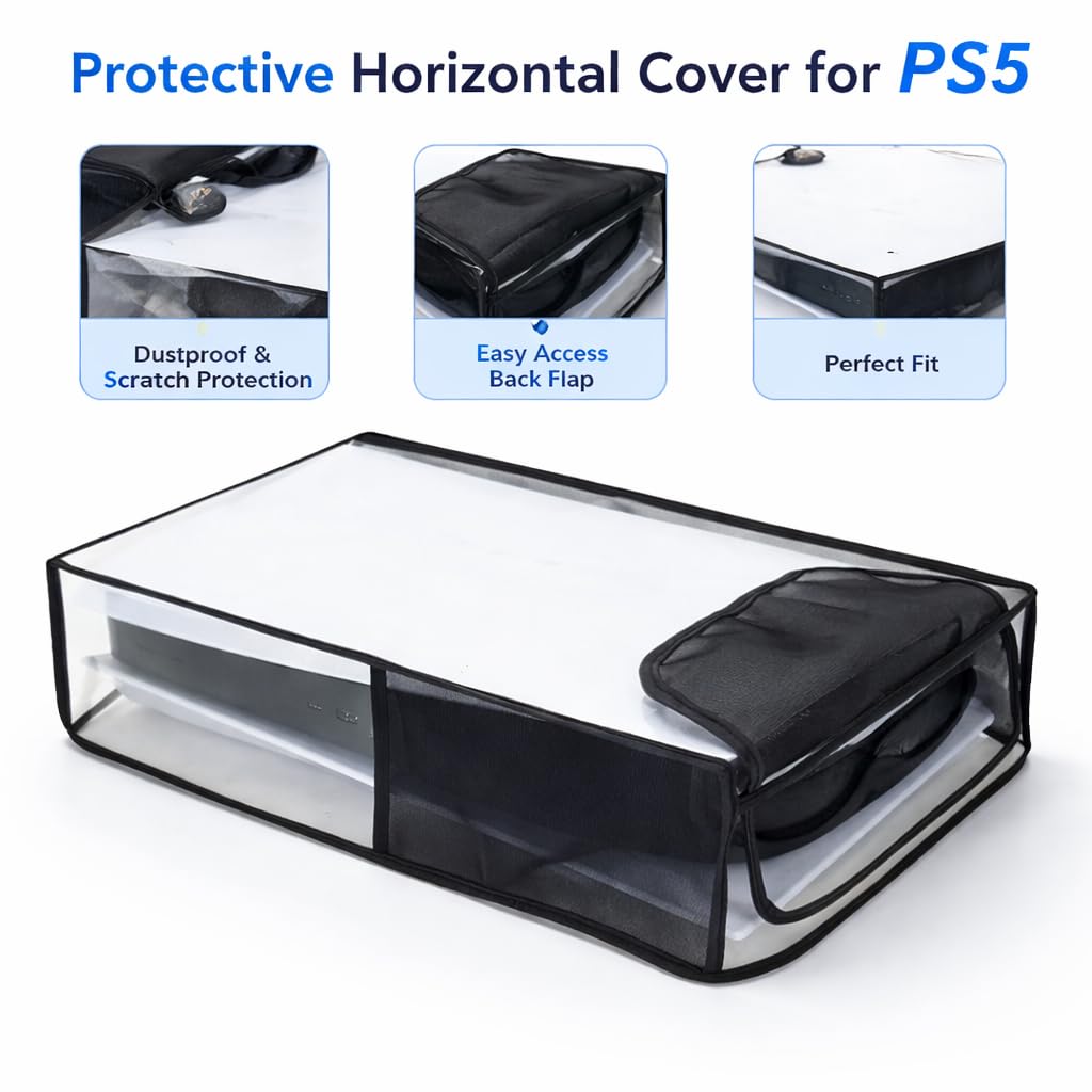 S.A.V.I Dustproof Breathable Cover for PS5 Slim Horizontal Console, Black & Transparent Mesh with TPU Case, Flip-Open Cooling Design, Scratch & Water Resistant Protection (Horizontal)