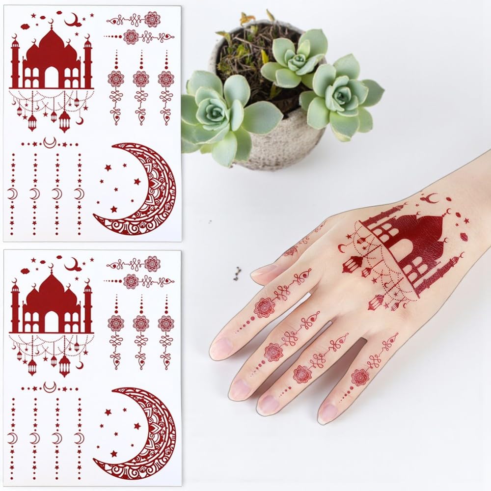 S.A.V.I 2Pcs Natural Islamic Henna Mehndi Temporary Tattoo Stickers for Women – Crescent Moon, Mosque & Mandala Design, Waterproof Skin-Safe Transfer Body Art for Eid, Nikah & Festivals (#51)