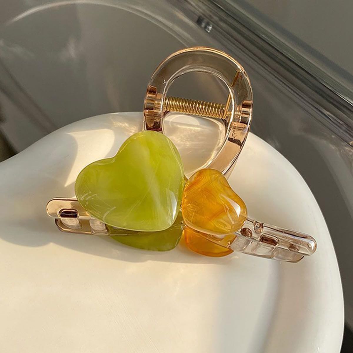 S.A.V.I Trendy Acrylic Hair Claw Clip for Women & Girls – Green & Brown Heart Design Clutcher, 8cm Medium Size – Strong Grip Stylish Hair Accessory for Daily & Party Look