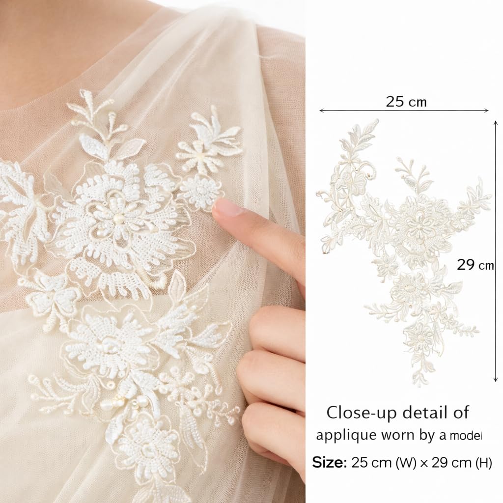 S.A.V.I White Floral Embroidered Lace Applique Patch 25 x 29 cm | Sew-On Net Fabric with Pearl Work | Bridal & Evening Gowns Motif for Sarees, Kurtis (White)