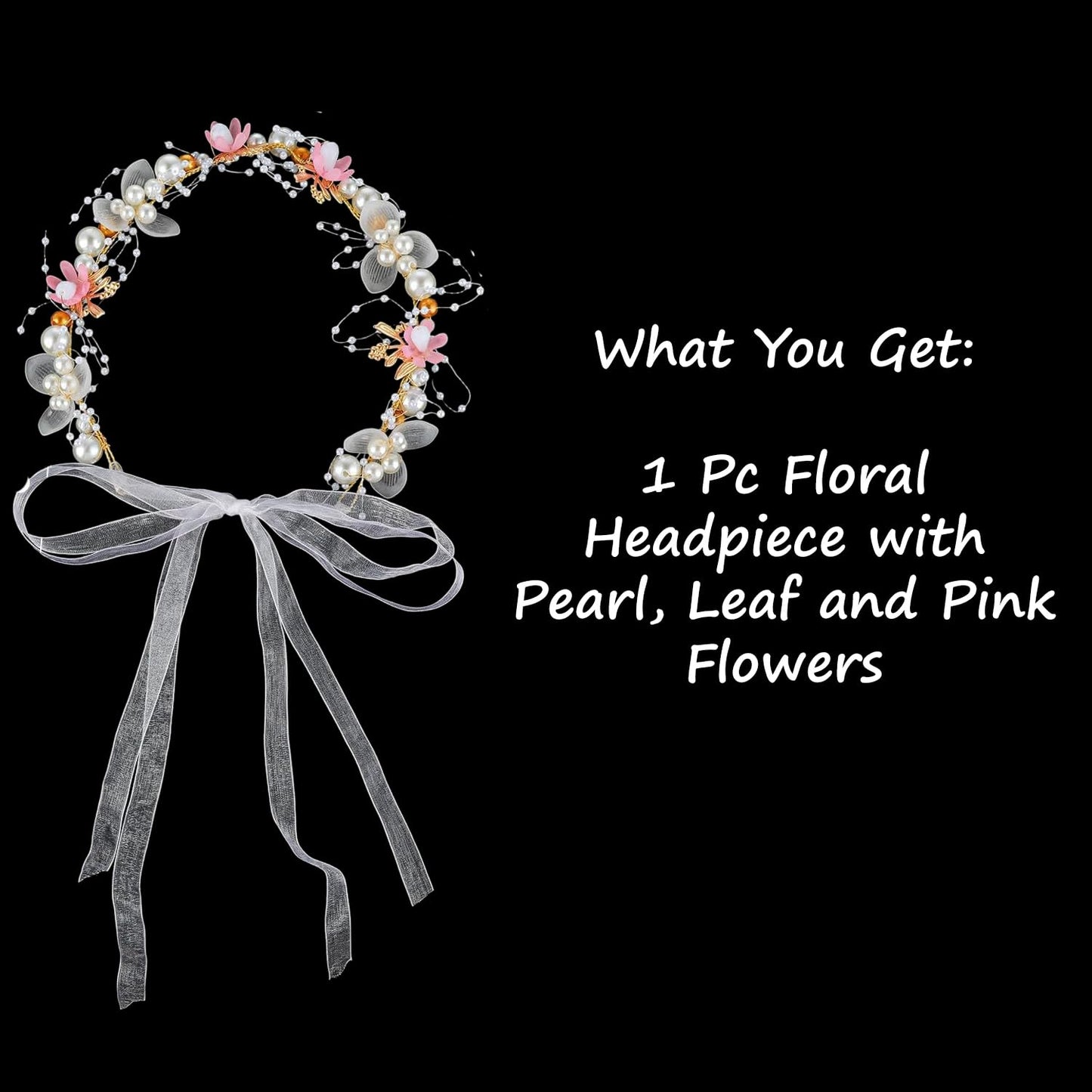 S.A.V.I Floral Pearl Headband for Women & Girls | Pink White Flower Hair Vine Crown Tiara with Ribbon Bow | Adjustable 35cm Bridal Hair Accessory for Wedding Party Festive