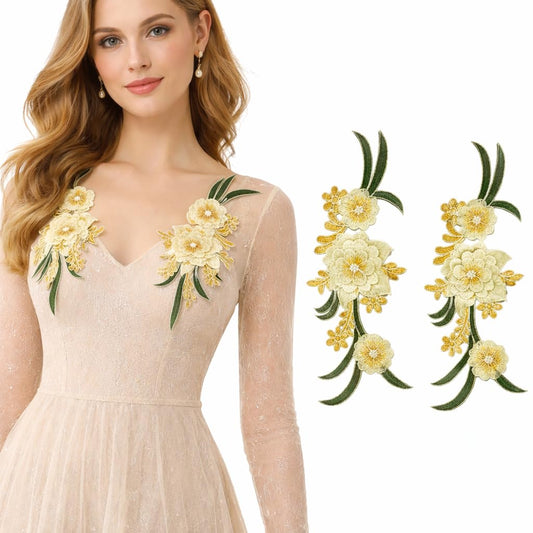 S.A.V.I Pair of Yellow & Gold Embroidered Floral Sew-On Appliqué (12.5 x 33.5 cm) | Fabric Lace Flower Patch for Blouse, Gown, Kurti & Dress Neckline Decor (Yellow-Gold)