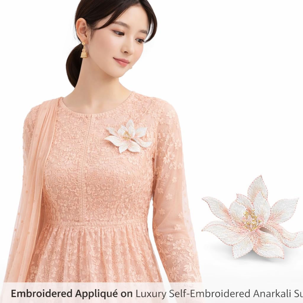 S.A.V.I Peach Lotus Flower Iron-On Embroidered Appliqué Patch 8.7 x 6.9 cm | Premium Fabric Floral Motif for Dresses, Kurtis, Sarees, Blouses & DIY Garment Decoration (Peach)