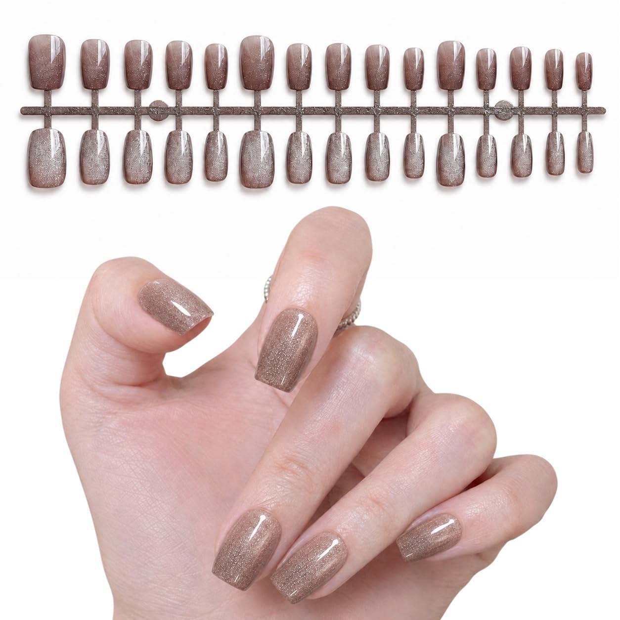 S.A.V.I Cat Eye Shimmer Press on Nails Rose Mocha Short Square