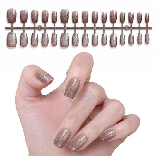 S.A.V.I Cat Eye Shimmer Press on Nails Rose Mocha Short Square