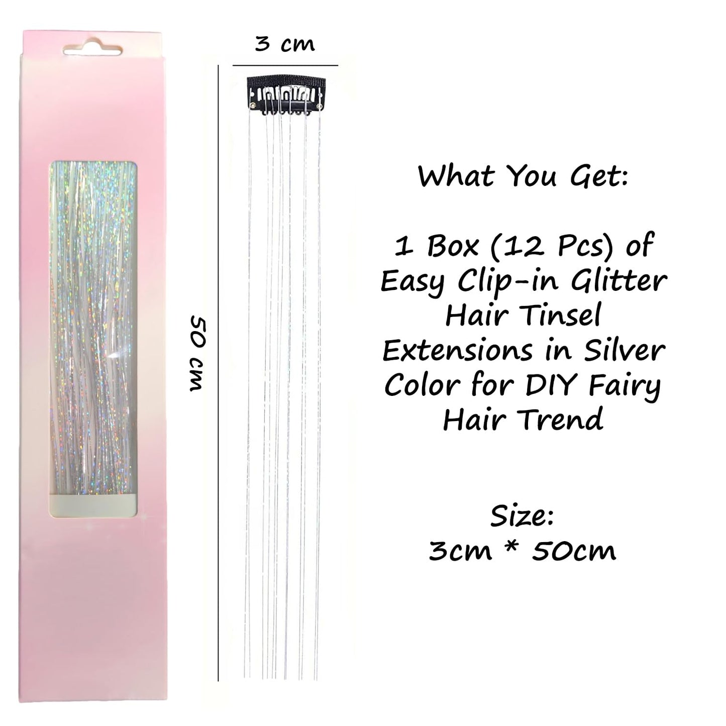 S.A.V.I Silver Glitter Hair Tinsel Clip-In Extensions 12 Pcs Pack | 50cm Shimmer Metallic Fairy Strands with Snap Clip | Reusable Sparkle Hair Accessory for Women, Girls, Parties & Festivals