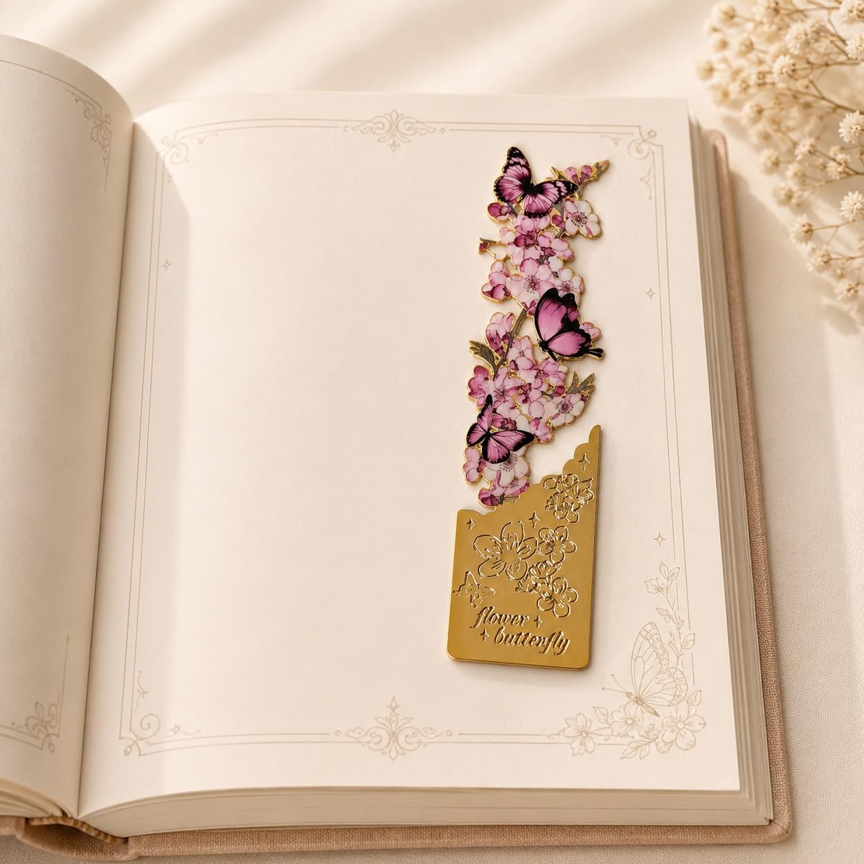 S.A.V.I Metal Bookmark Pink Gold Butterfly Floral Design, 10x3 cm | Durable Alloy, Page Holder, Reading Accessory, Peach Blossom Theme, For Women & Students