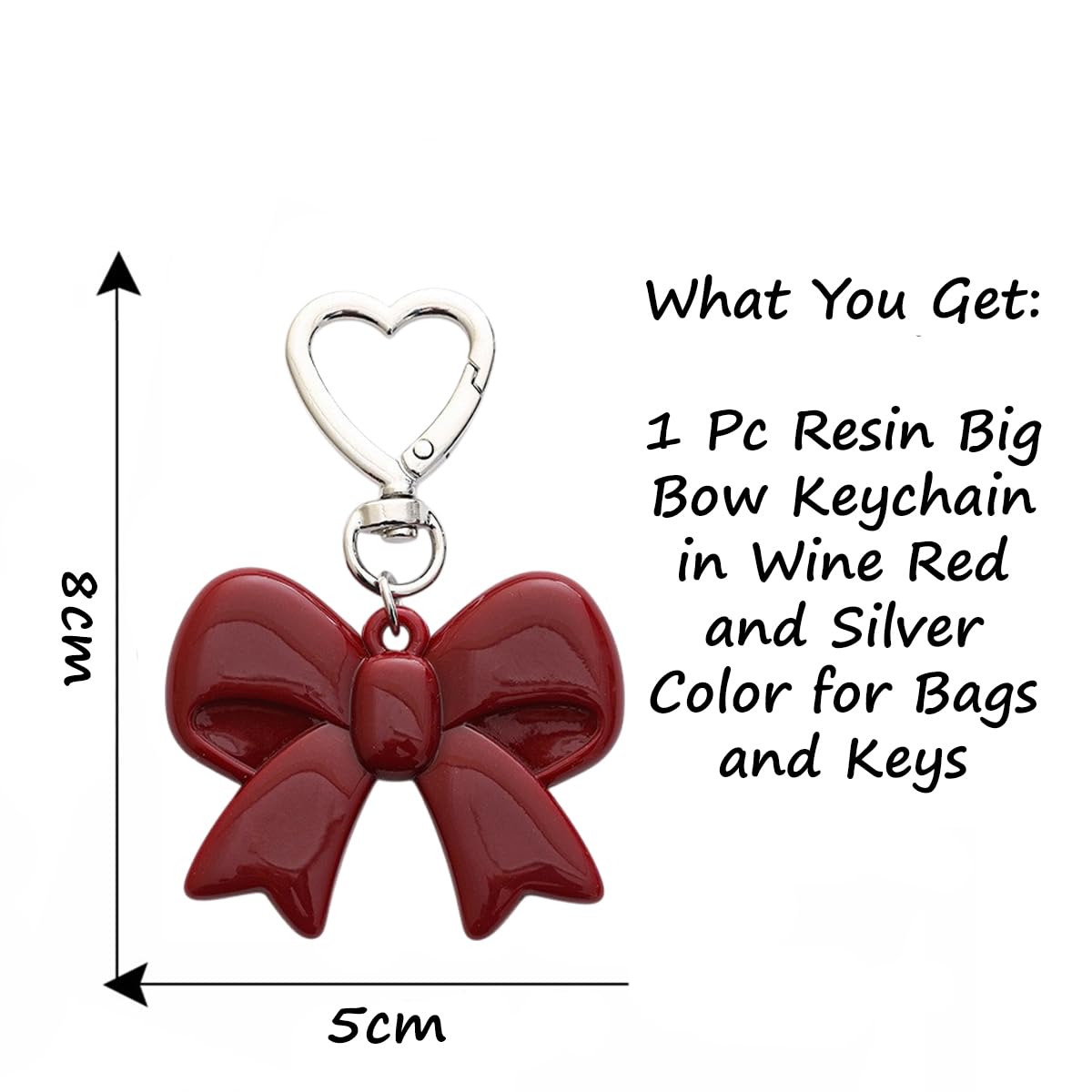 S.A.V.I Resin Bow Keychain for Women & Girls, Cute Bag Charm, Wine Red, Glossy accessory with heart clasp for handbags, backpacks, keys & gifting; lightweight 8 x 5 cm decorative pendant