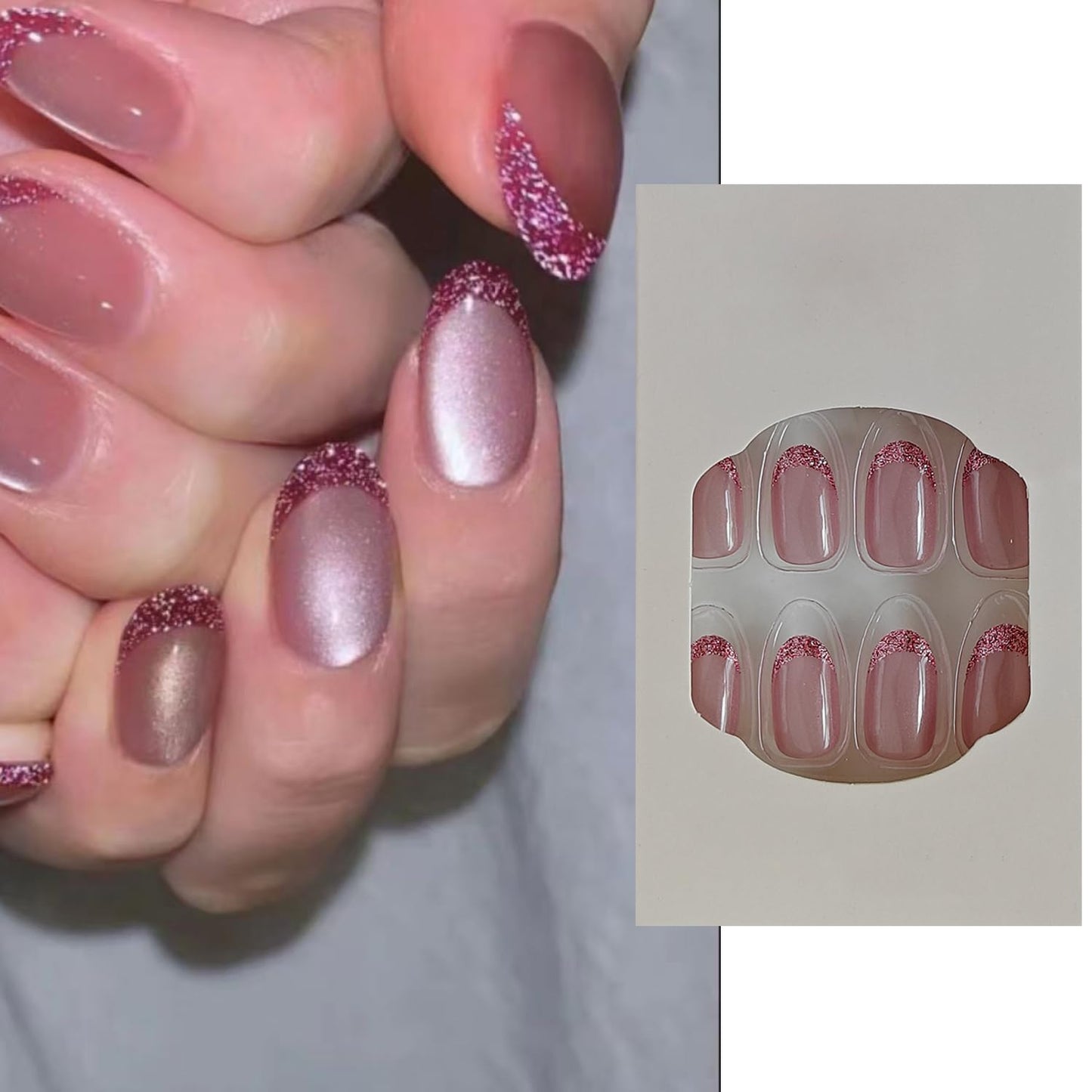 S.A.V.I Press-On Toe Nails, Nude Pink Cat Eye Shimmer, Short Natural Square Shape, Glossy ABS Material, 24 Pcs with Nail Glue & Adhesive Tabs, Salon Look at Home