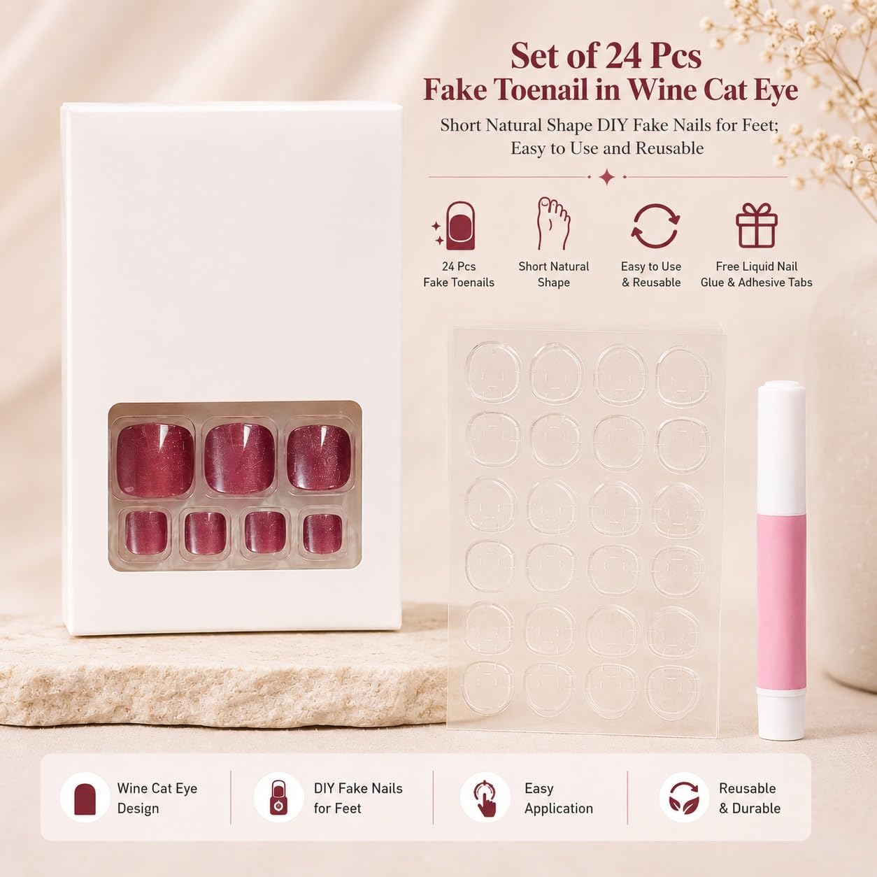 S.A.V.I Press on Toenails Wine Cat Eye Short Square 24-Piece