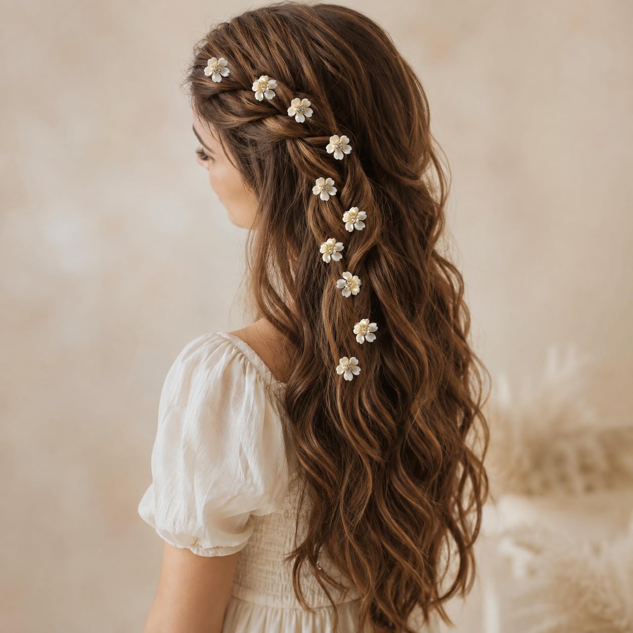 S.A.V.I White Floral Hair Clips with Crystal Center, 1.5 cm Daisy | Set of 10, Bridal Hair Pins, Shell Finish, Wedding & Party, Girls & Women