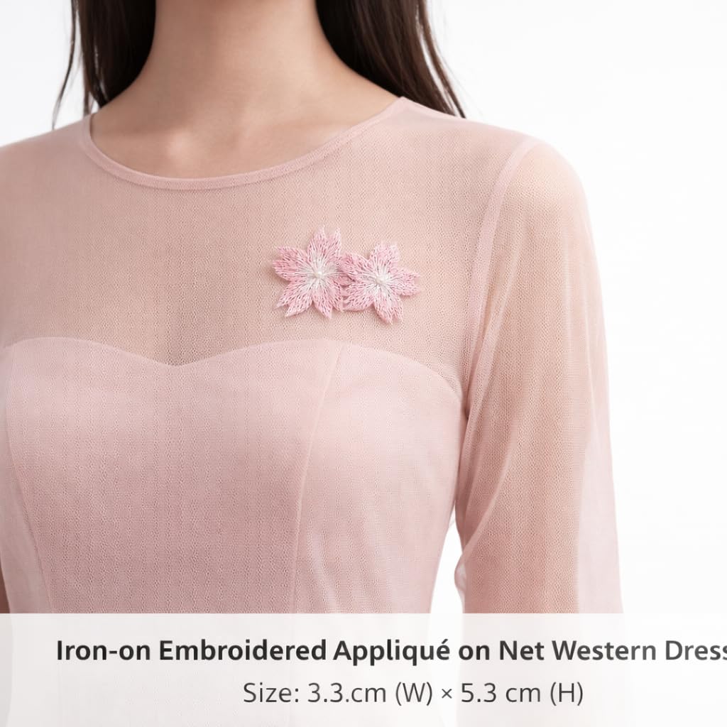S.A.V.I Pink Floral Embroidered Iron-On Appliqué Patch, Double Cherry Blossom Design, Soft Thread Work for Dresses, Blouses, Lehengas & DIY Crafts, 5.3 x 3.3 cm (Pink)