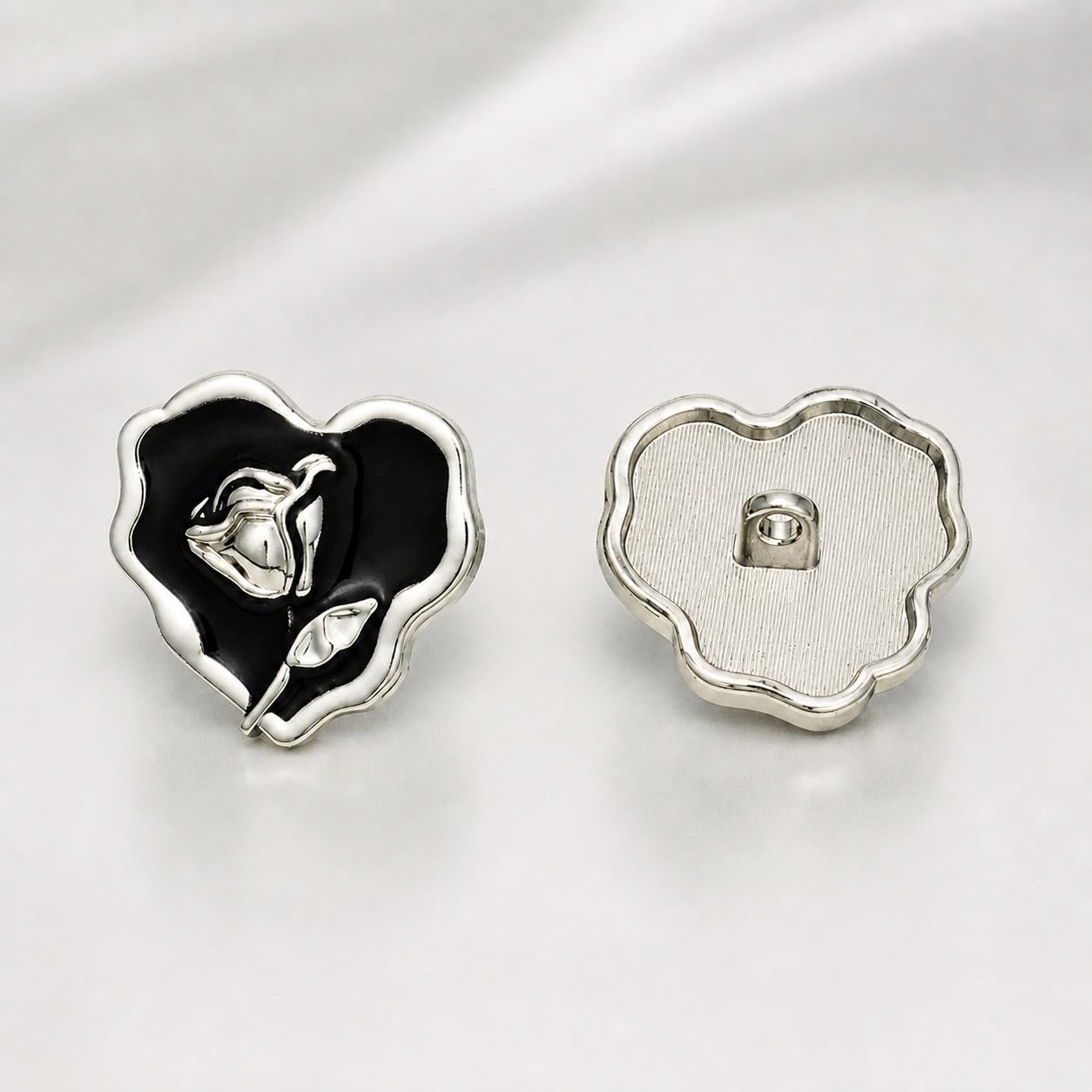 S.A.V.I Heart Shank Buttons with Rose Design 17.5mm, Set of 6 | Black & Silver, For Dresses & Blazers, DIY Crafts, Decorative Fasteners, For Jackets & Vests