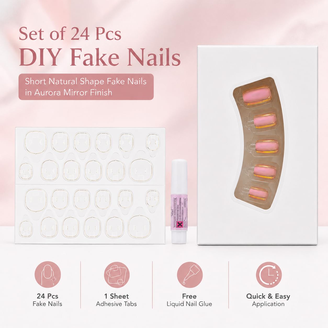 S.A.V.I Press on Nails 24 Pcs Short Aurora Mirror Finish | Reusable Adhesive Manicure Kit with Glue, Glossy Chrome Finish, Natural Fit for Women & Girls