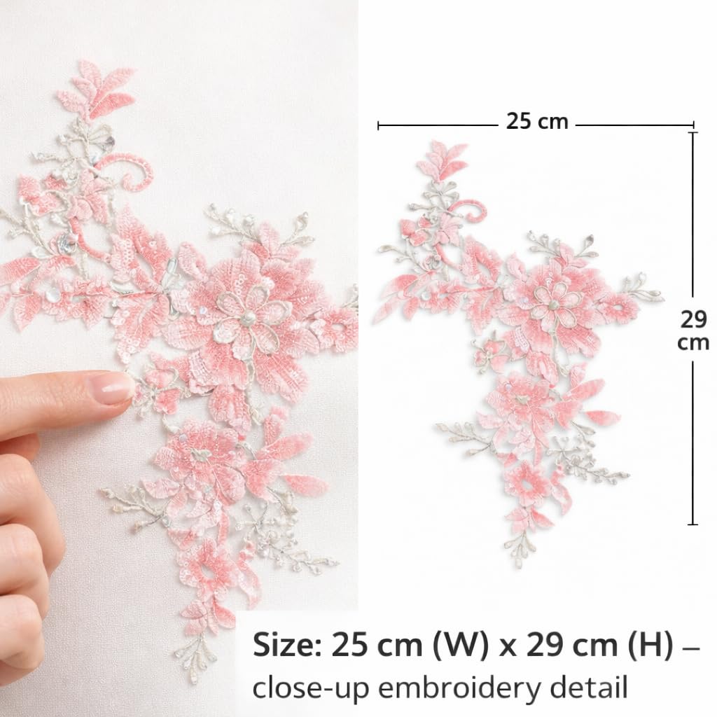 S.A.V.I Pink Floral Applique Patch 25x29 cm, Embroidered Sequins & Thread Net Fabric, Asymmetrical Vine Motif for Bridal, Ethnic & Sewing Crafts, Sew-On (Pink)
