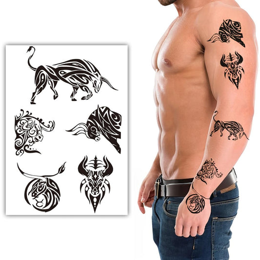 S.A.V.I Tribal Bull Temporary Tattoo Sheet - 1Pc Waterproof  Skin-Friendly, 21x15 cm Black Design, for Men’s Arms  Body Art, Stylish Tattoo Sticker for Parties  Festivals - Long-Lasting