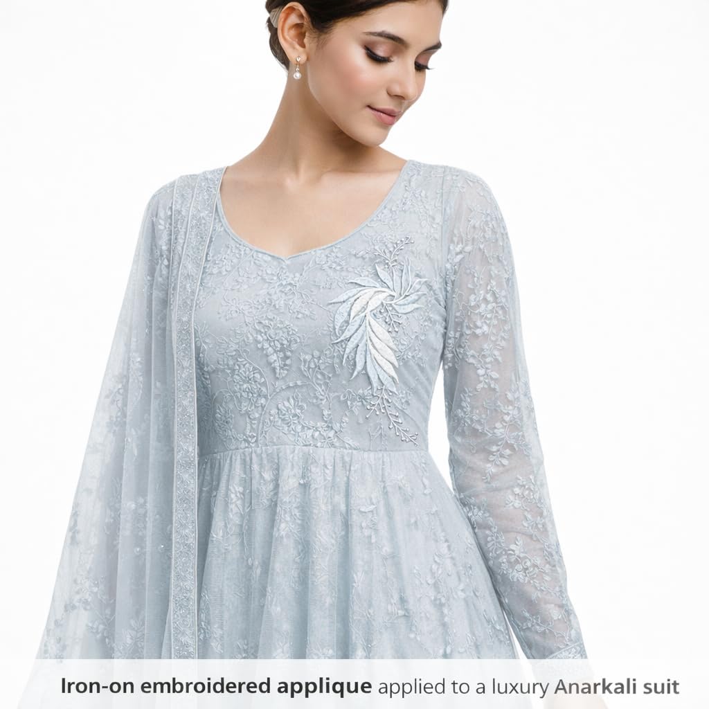 S.A.V.I White Blue & Silver Floral Iron-On Embroidered Appliqué Patch 7.5 x 17 cm | Leaf Motif Threadwork Design for Dresses, Sarees, Blouses & DIY Fabric Craft (Left, White-Blue, 7.5 x 17 cm)