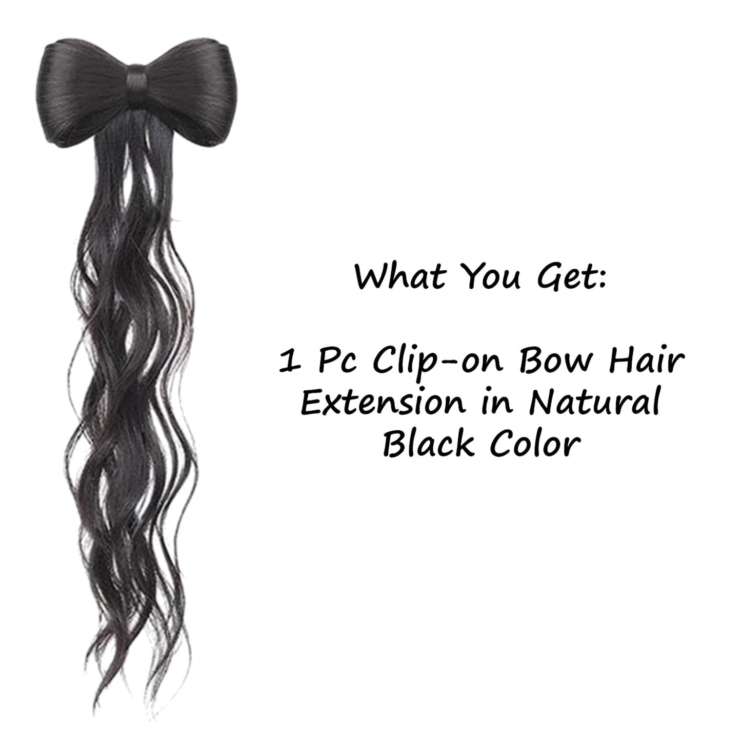 S.A.V.I Clip-On Bow Hair Extension for Women & Girls | Natural Black Long Wavy Synthetic Ponytail with Strong Grip Clip | Korean Style Hair Accessory for Daily, Parties & Fashion Styling